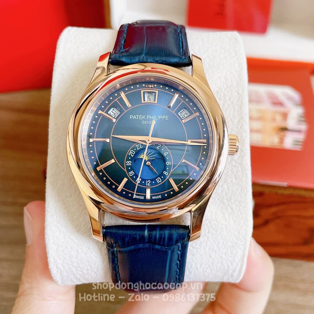Đồng Hồ Patek Philippe Nam Cơ Tự Động Dây Da Xanh Vỏ Rose 40mm
