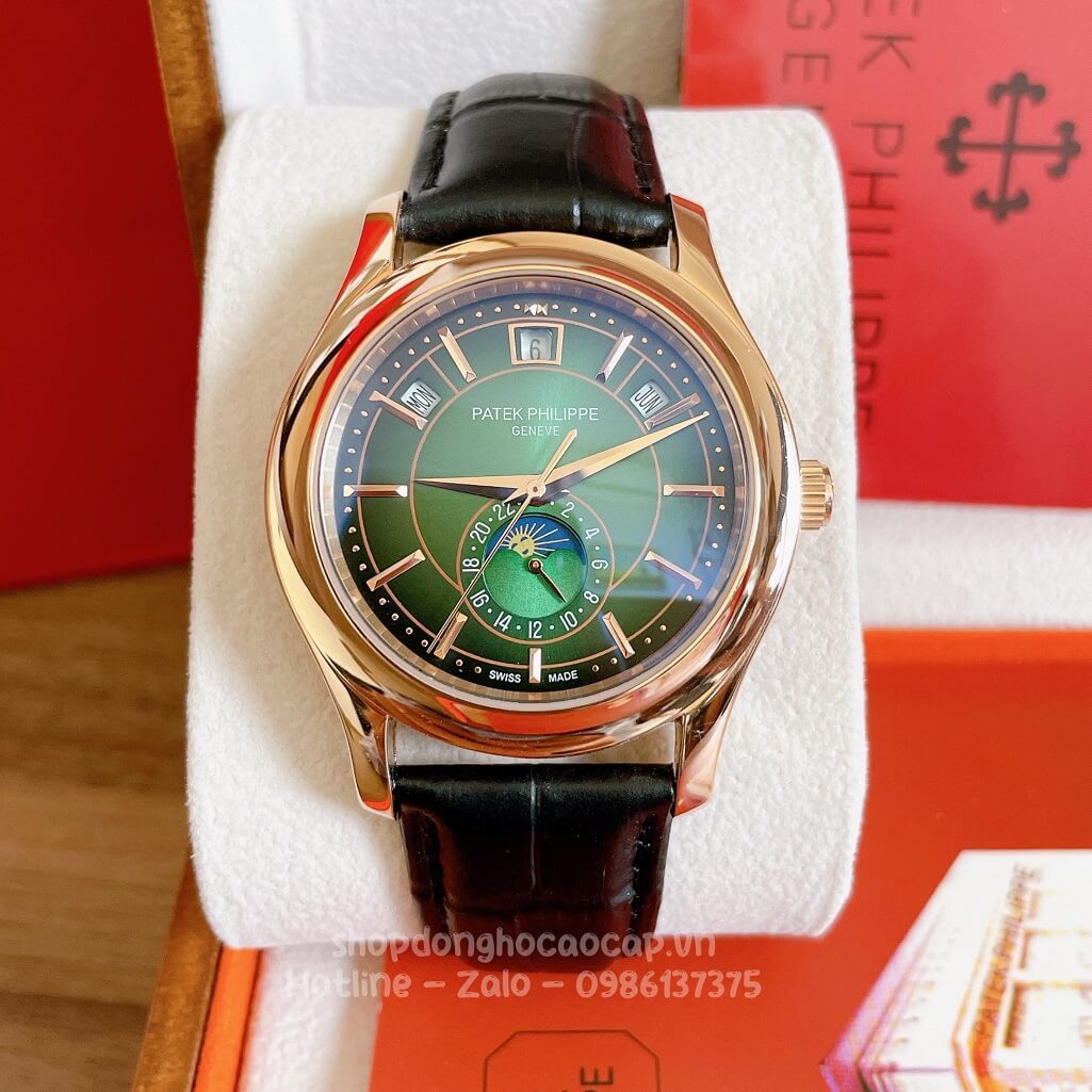 Đồng Hồ Patek Philippe Nam Cơ Tự Động Dây Da Đen Mặt Xanh Vỏ Rose 40mm