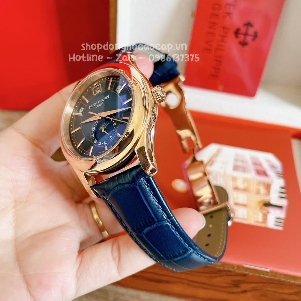 Đồng Hồ Patek Philippe Nam Cơ Tự Động Dây Da Xanh Vỏ Rose 40mm