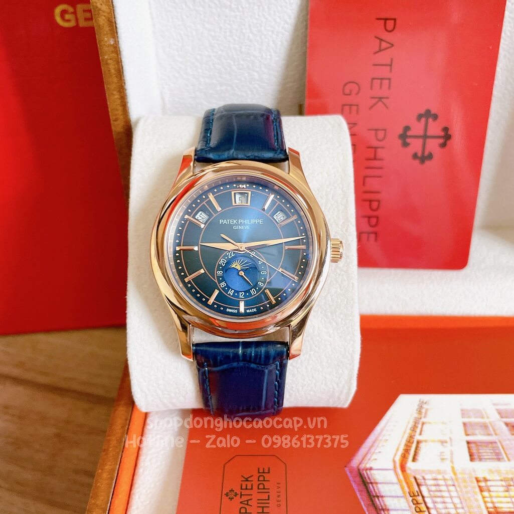 Đồng Hồ Patek Philippe Nam Cơ Tự Động Dây Da Xanh Vỏ Rose 40mm