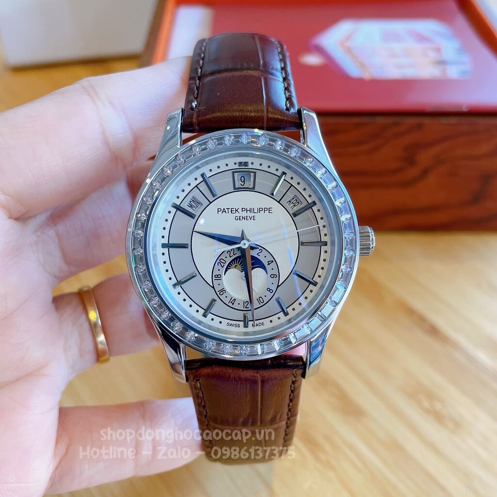 Đồng Hồ Patek Philippe Nam Cơ Tự Động Dây Da Nâu Silver Niềng Đá Ống 40mm