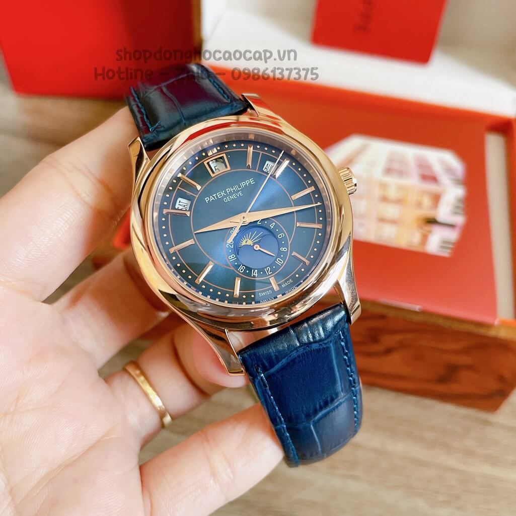 Đồng Hồ Patek Philippe Nam Cơ Tự Động Dây Da Xanh Vỏ Rose 40mm