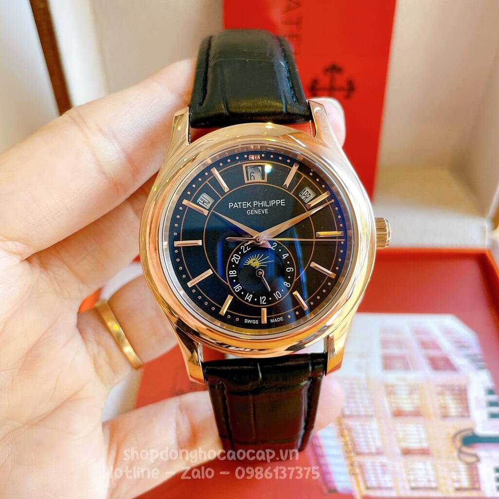 Đồng Hồ Patek Philippe Nam Cơ Tự Động Dây Da Đen Mặt Đen Vỏ Rose 40mm