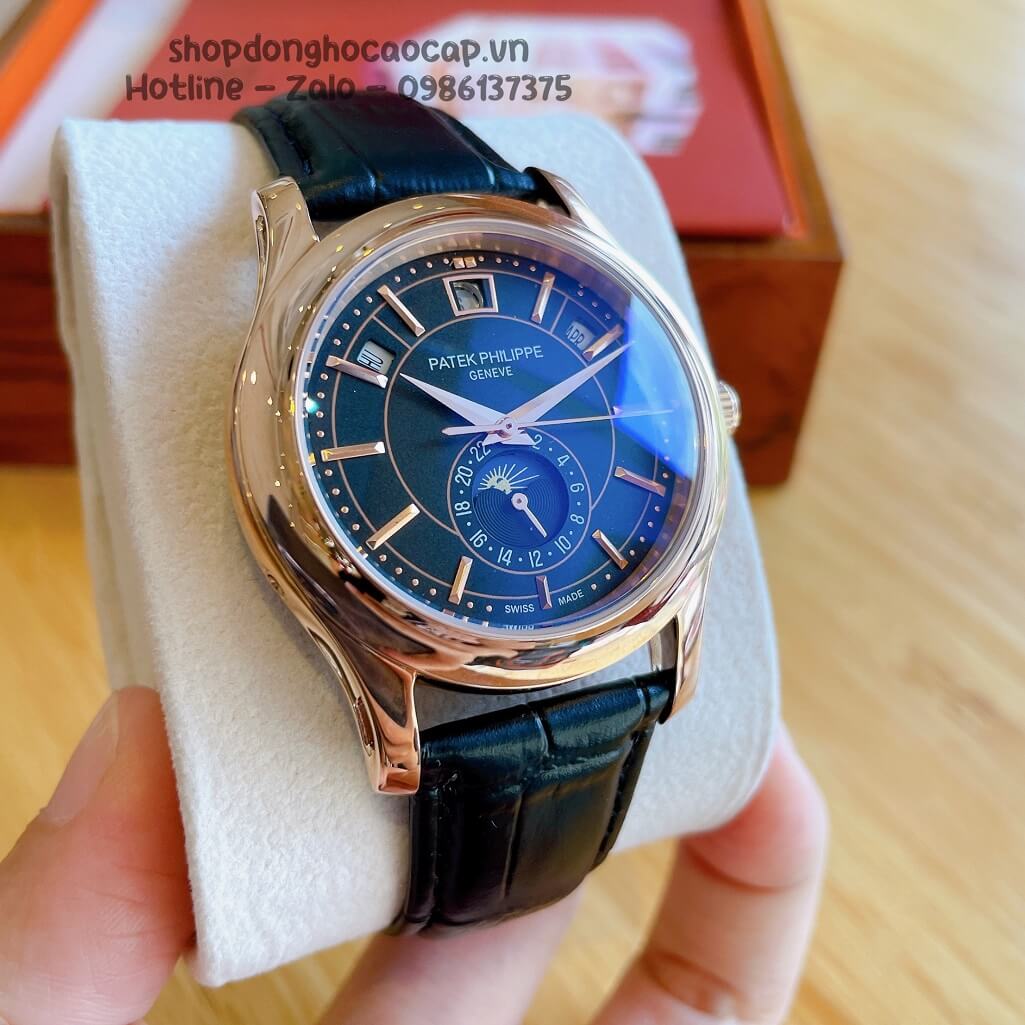 Đồng Hồ Patek Philippe Nam Cơ Tự Động Dây Da Đen Mặt Đen Vỏ Rose 40mm