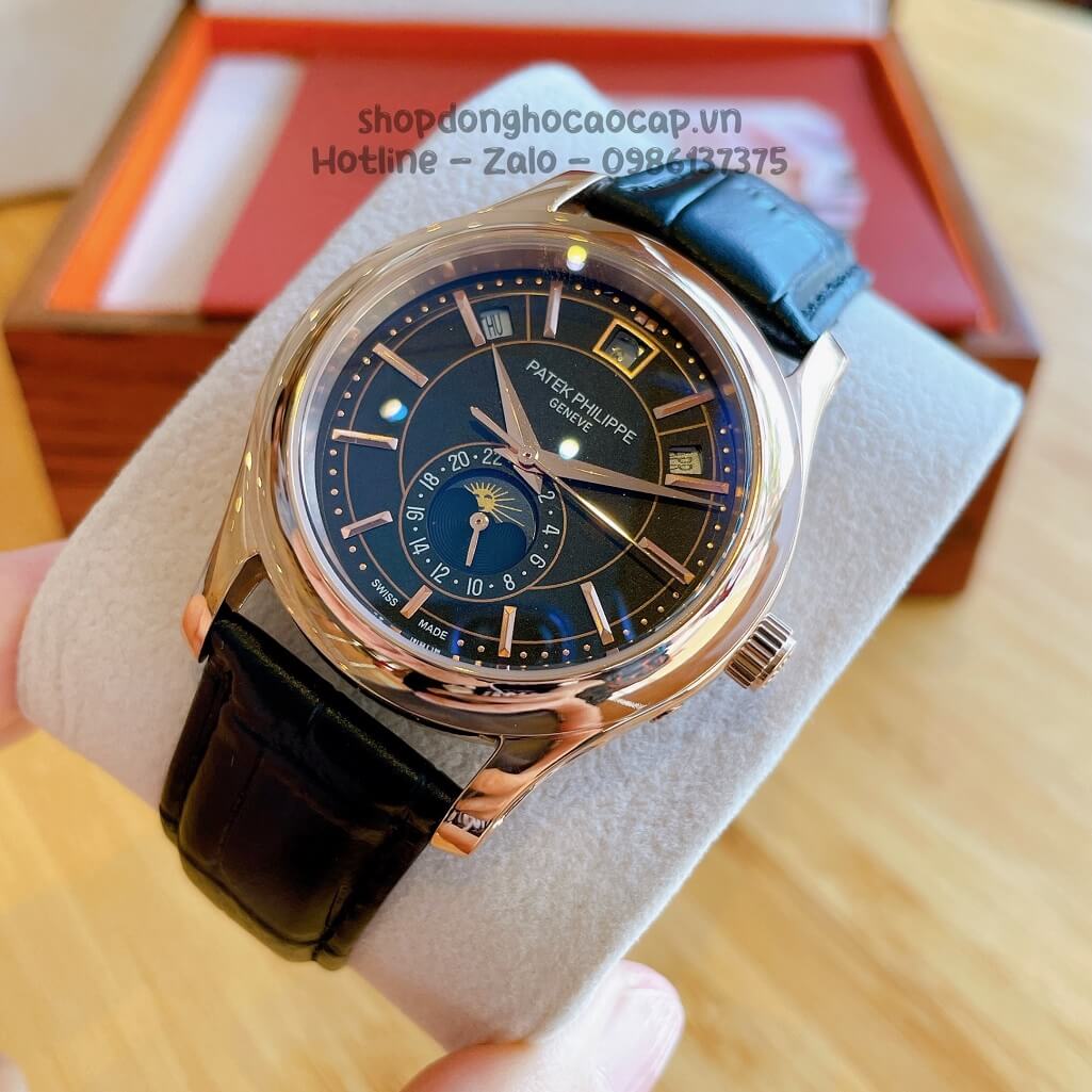 Đồng Hồ Patek Philippe Nam Cơ Tự Động Dây Da Đen Mặt Đen Vỏ Rose 40mm