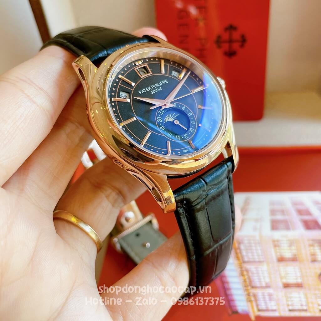 Đồng Hồ Patek Philippe Nam Cơ Tự Động Dây Da Đen Mặt Đen Vỏ Rose 40mm