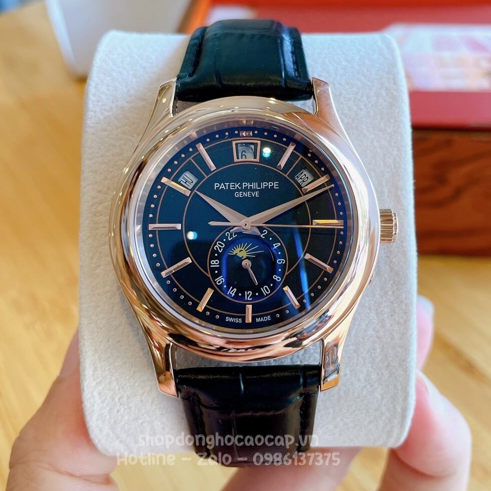 Đồng Hồ Patek Philippe Nam Cơ Tự Động Dây Da Đen Mặt Đen Vỏ Rose 40mm