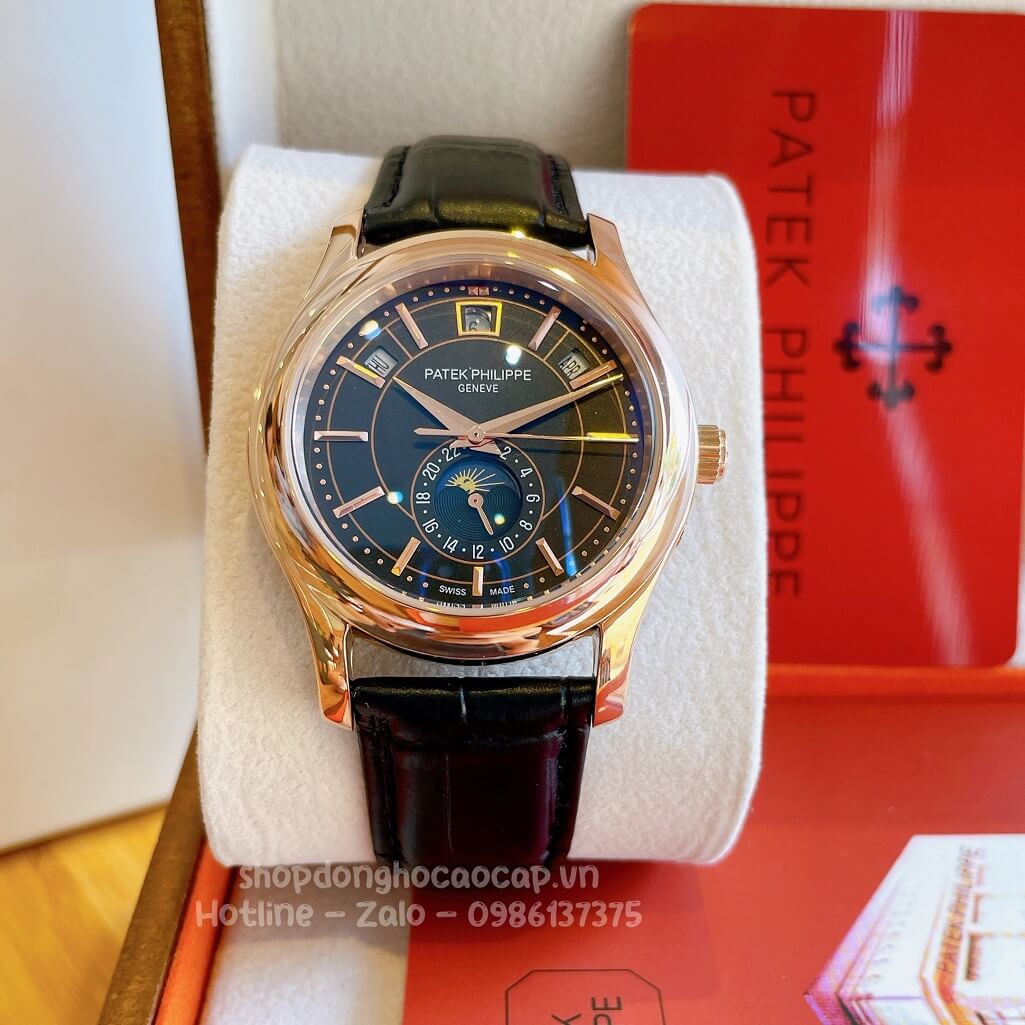 Đồng Hồ Patek Philippe Nam Cơ Tự Động Dây Da Đen Mặt Đen Vỏ Rose 40mm