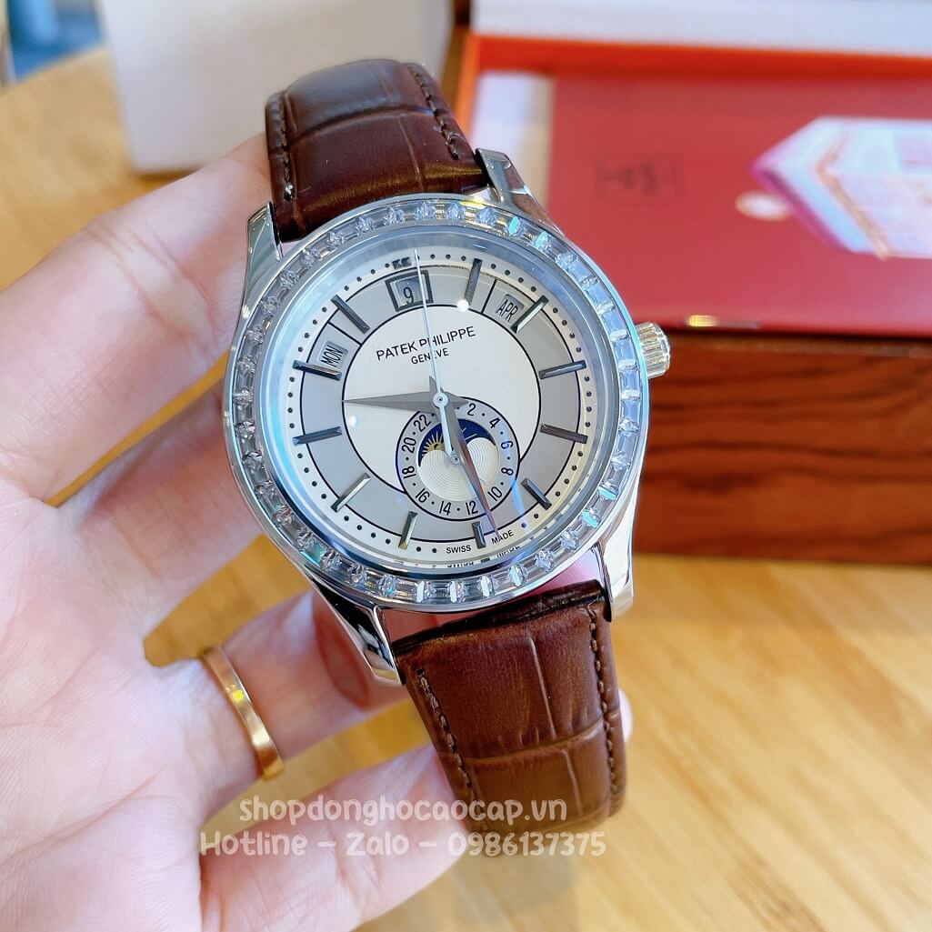 Đồng Hồ Patek Philippe Nam Cơ Tự Động Dây Da Nâu Silver Niềng Đá Ống 40mm