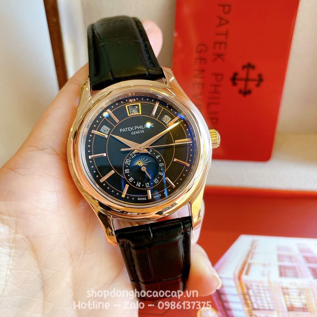 Đồng Hồ Patek Philippe Nam Cơ Tự Động Dây Da Đen Mặt Đen Vỏ Rose 40mm