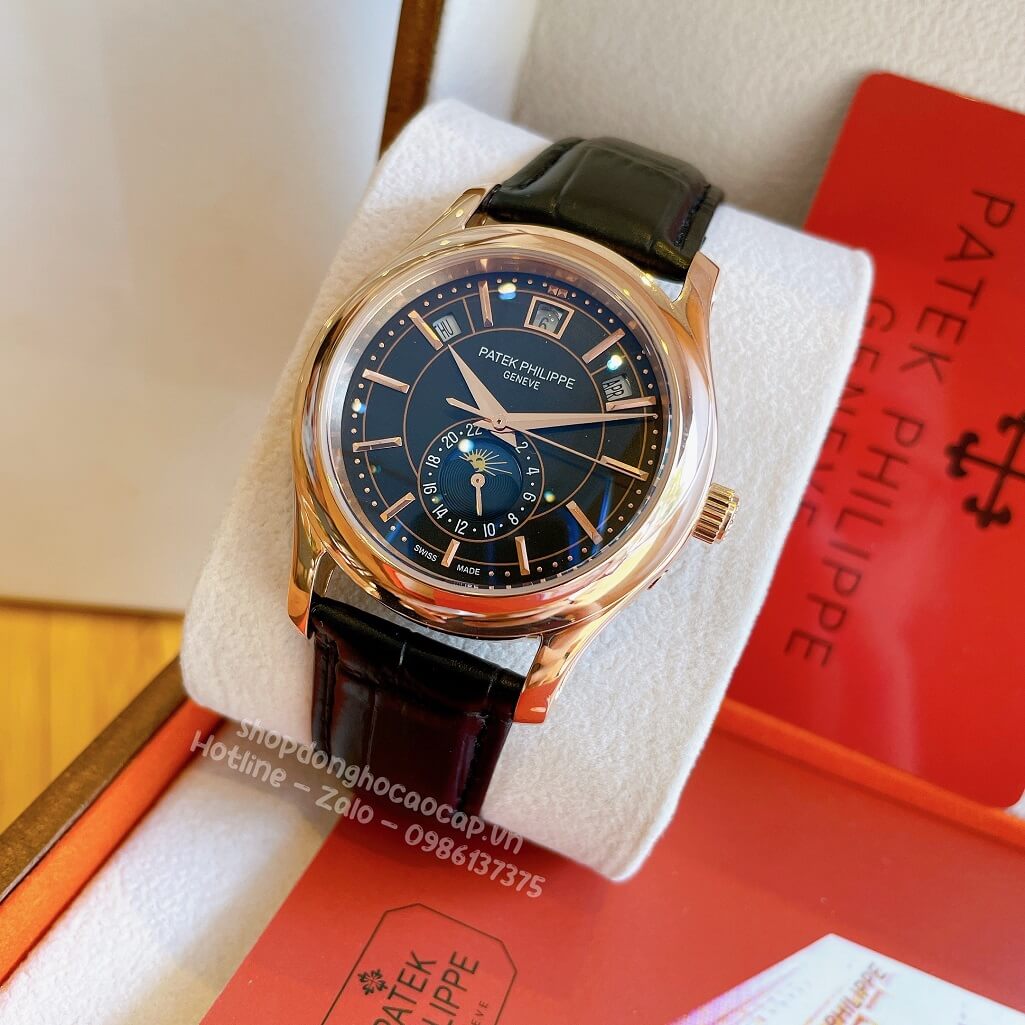 Đồng Hồ Patek Philippe Nam Cơ Tự Động Dây Da Đen Mặt Đen Vỏ Rose 40mm