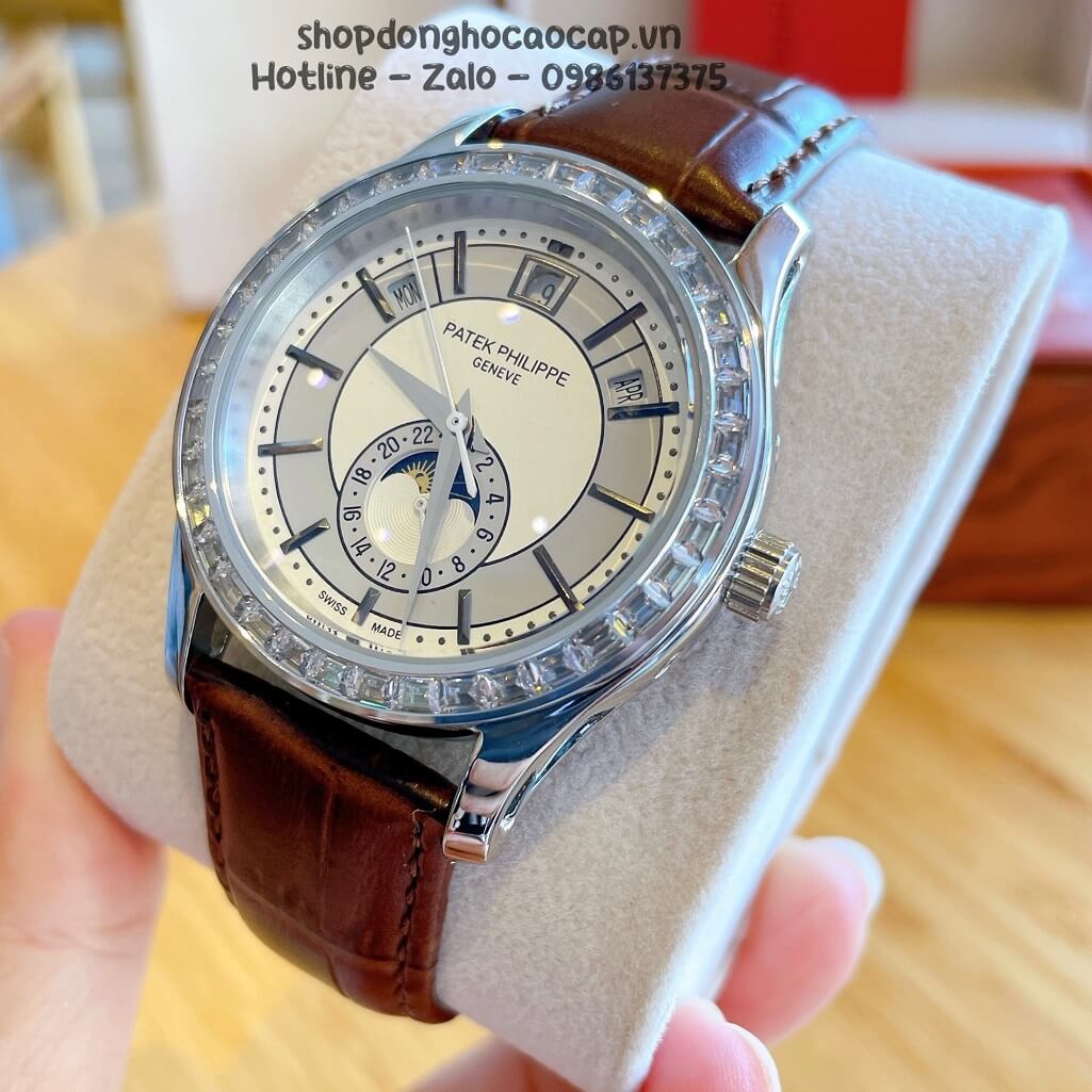 Đồng Hồ Patek Philippe Nam Cơ Tự Động Dây Da Nâu Silver Niềng Đá Ống 40mm