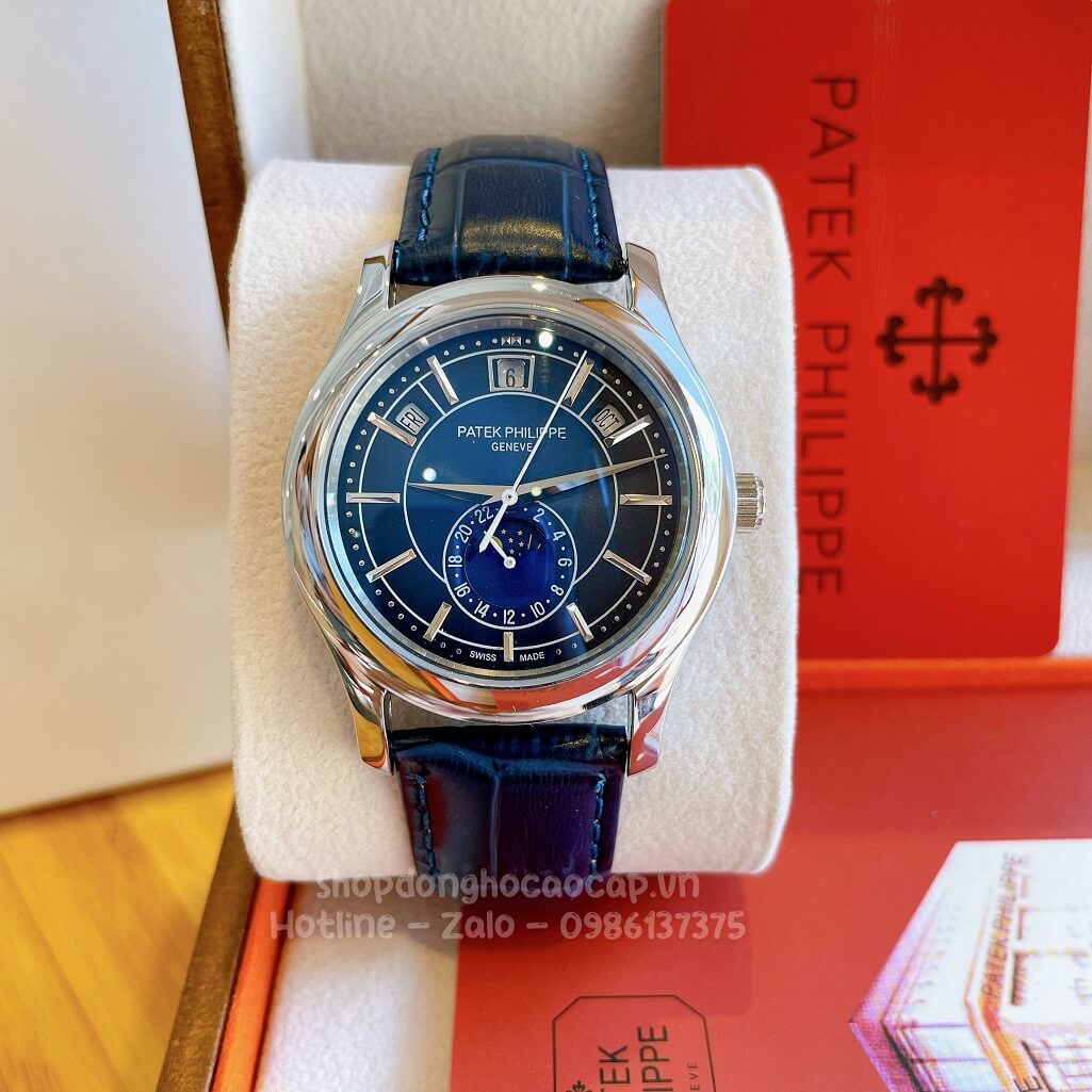 Đồng Hồ Patek Philippe Nam Cơ Tự Động Dây Da Xanh Vỏ Silver 40mm