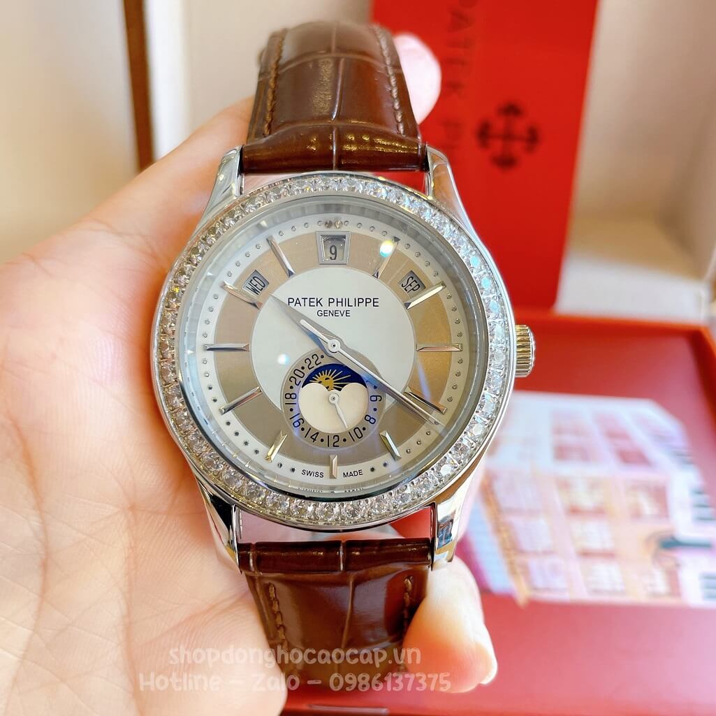 Đồng Hồ Patek Philippe Nam Cơ Tự Động Dây Da Nâu Silver Niềng Đá Mịn 40mm