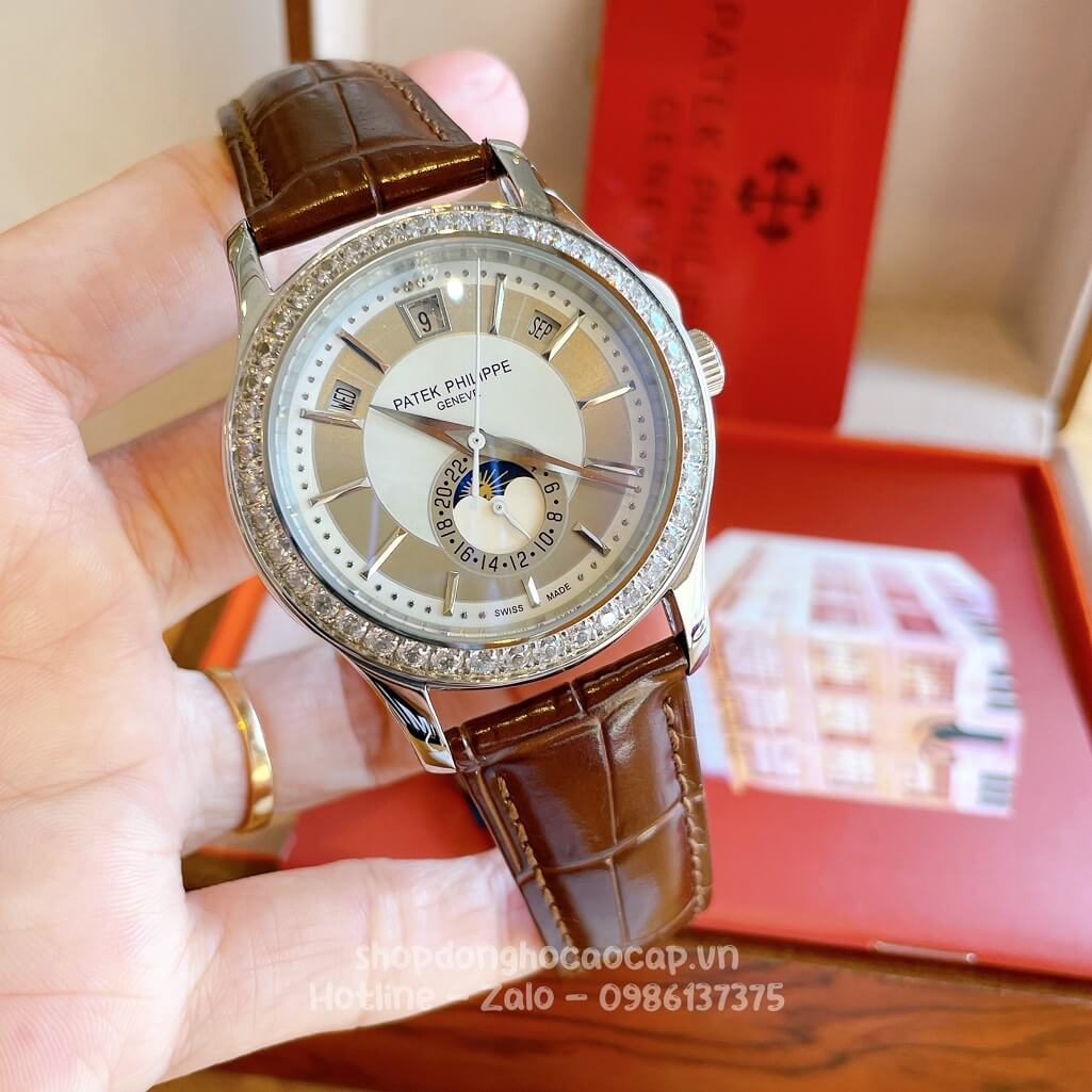 Đồng Hồ Patek Philippe Nam Cơ Tự Động Dây Da Nâu Silver Niềng Đá Mịn 40mm