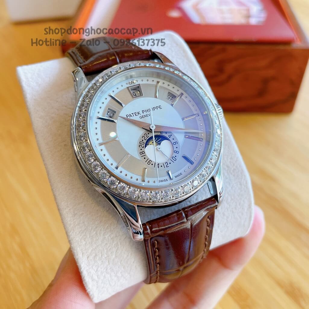 Đồng Hồ Patek Philippe Nam Cơ Tự Động Dây Da Nâu Silver Niềng Đá Mịn 40mm