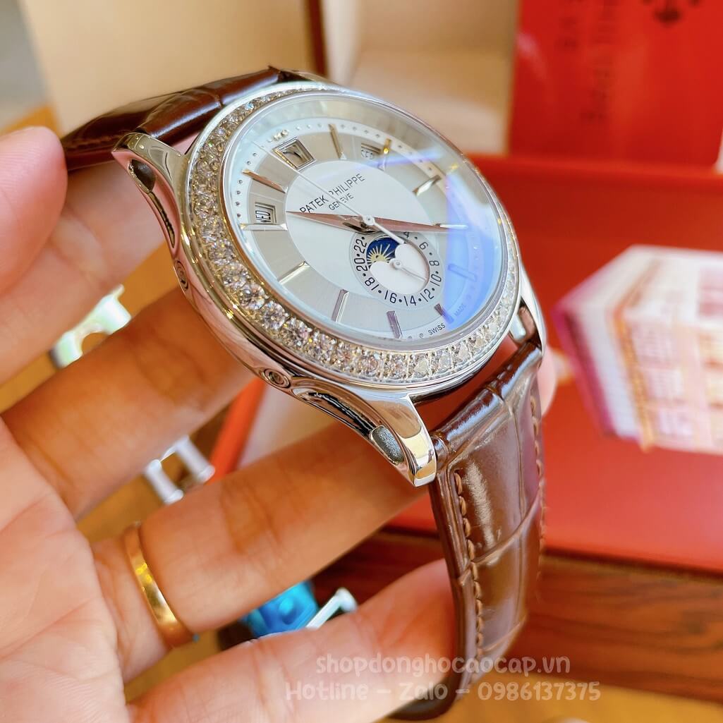 Đồng Hồ Patek Philippe Nam Cơ Tự Động Dây Da Nâu Silver Niềng Đá Mịn 40mm