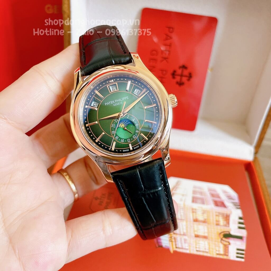 Đồng Hồ Patek Philippe Nam Cơ Tự Động Dây Da Đen Mặt Xanh Vỏ Rose 40mm