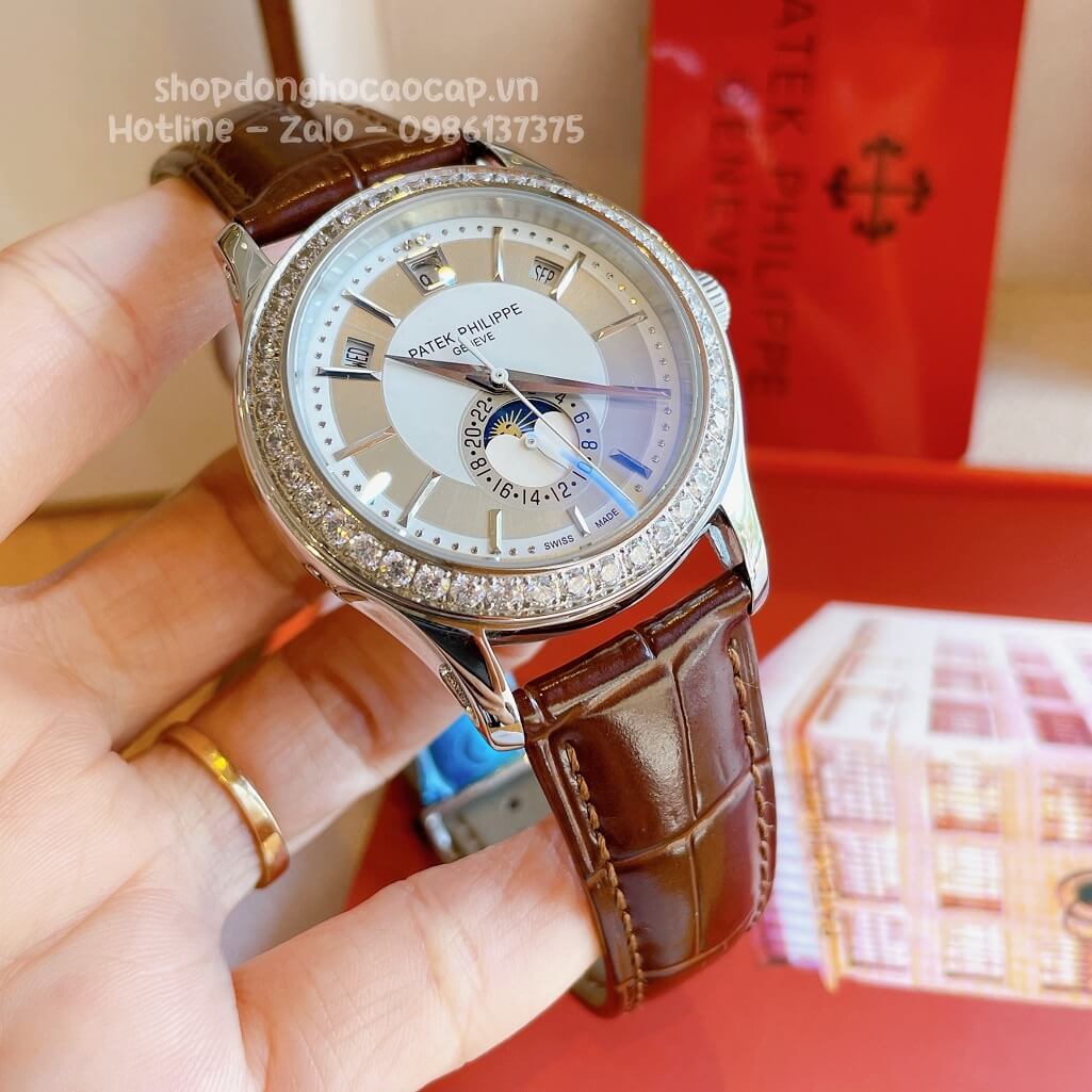 Đồng Hồ Patek Philippe Nam Cơ Tự Động Dây Da Nâu Silver Niềng Đá Mịn 40mm