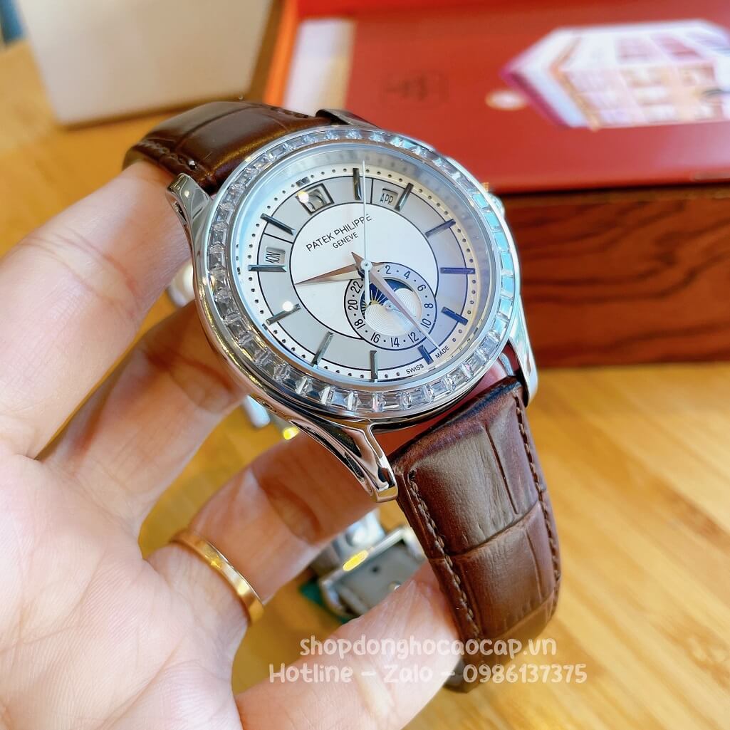 Đồng Hồ Patek Philippe Nam Cơ Tự Động Dây Da Nâu Silver Niềng Đá Ống 40mm