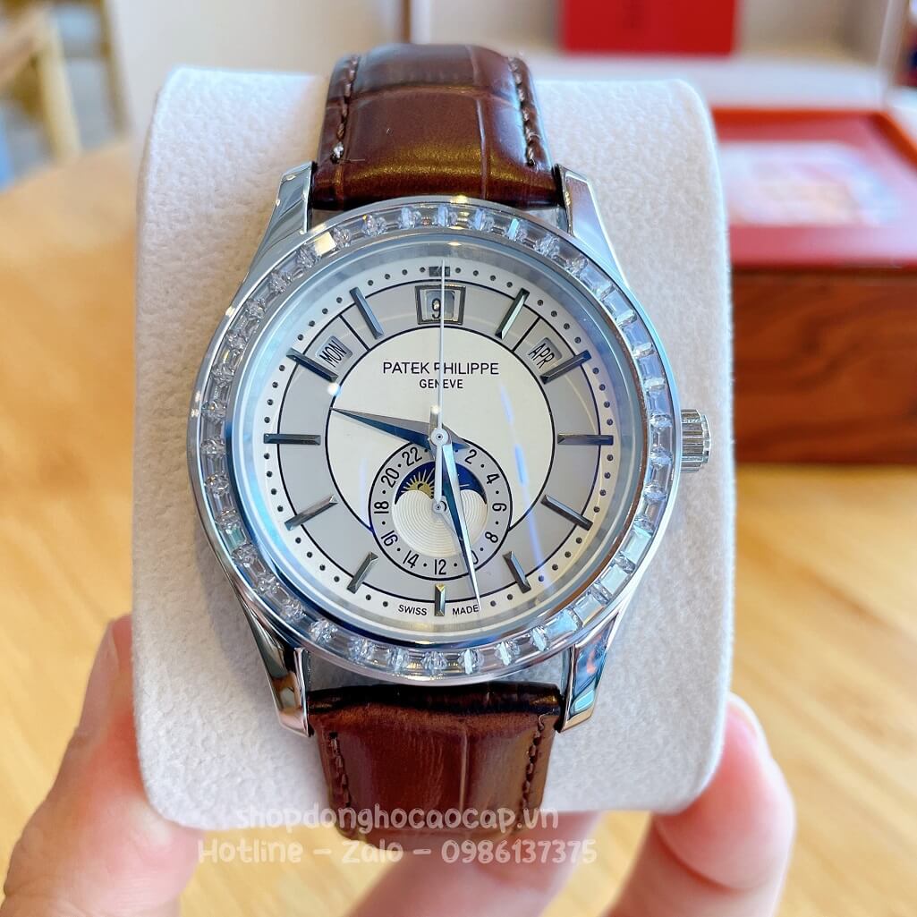 Đồng Hồ Patek Philippe Nam Cơ Tự Động Dây Da Nâu Silver Niềng Đá Ống 40mm