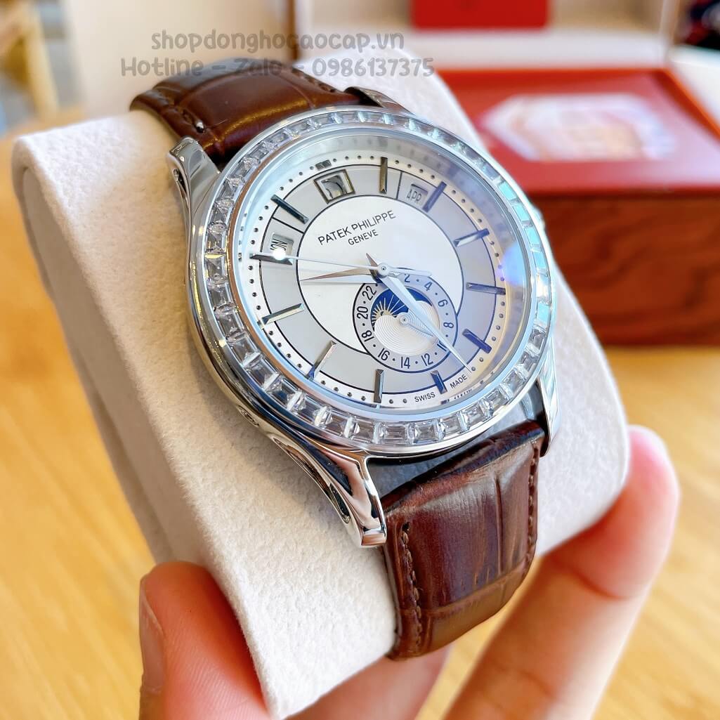 Đồng Hồ Patek Philippe Nam Cơ Tự Động Dây Da Nâu Silver Niềng Đá Ống 40mm