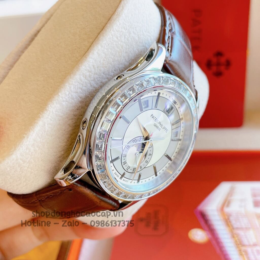 Đồng Hồ Patek Philippe Nam Cơ Tự Động Dây Da Nâu Silver Niềng Đá Ống 40mm