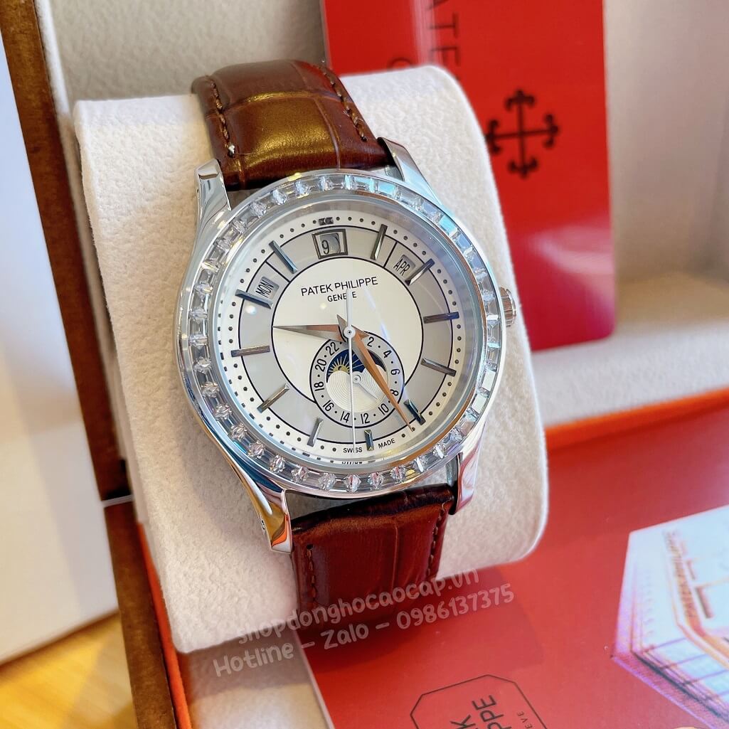 Đồng Hồ Patek Philippe Nam Cơ Tự Động Dây Da Nâu Silver Niềng Đá Ống 40mm