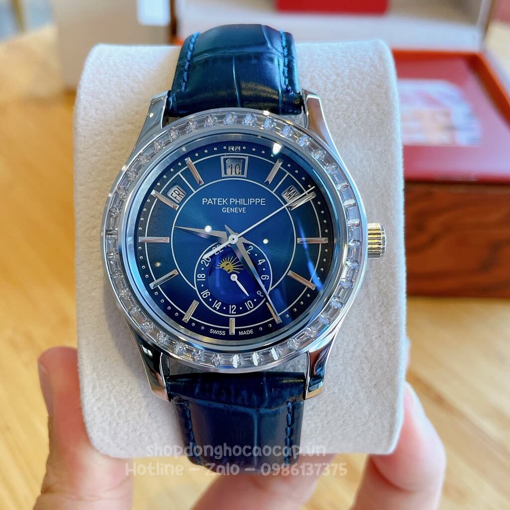 Đồng Hồ Patek Philippe Nam Cơ Tự Động Dây Da Xanh Silver Viền Đá Ống 40mm