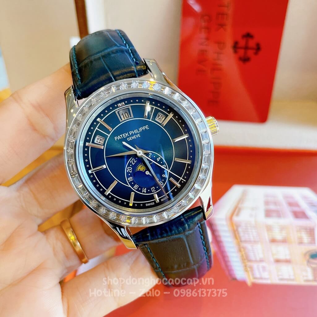 Đồng Hồ Patek Philippe Nam Cơ Tự Động Dây Da Xanh Silver Viền Đá Ống 40mm