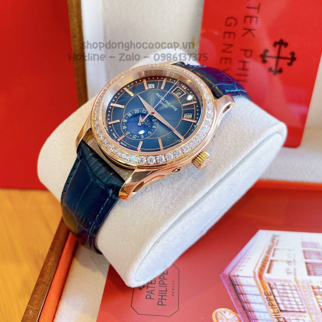 Đồng Hồ Patek Philippe Nam Máy Cơ Tự Động Dây Da Xanh Dương - Vỏ Rose Niềng Đá Mịn 40mm