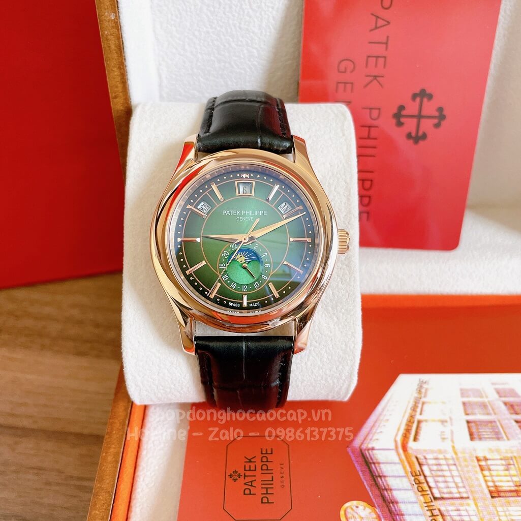 Đồng Hồ Patek Philippe Nam Cơ Tự Động Dây Da Đen Mặt Xanh Vỏ Rose 40mm