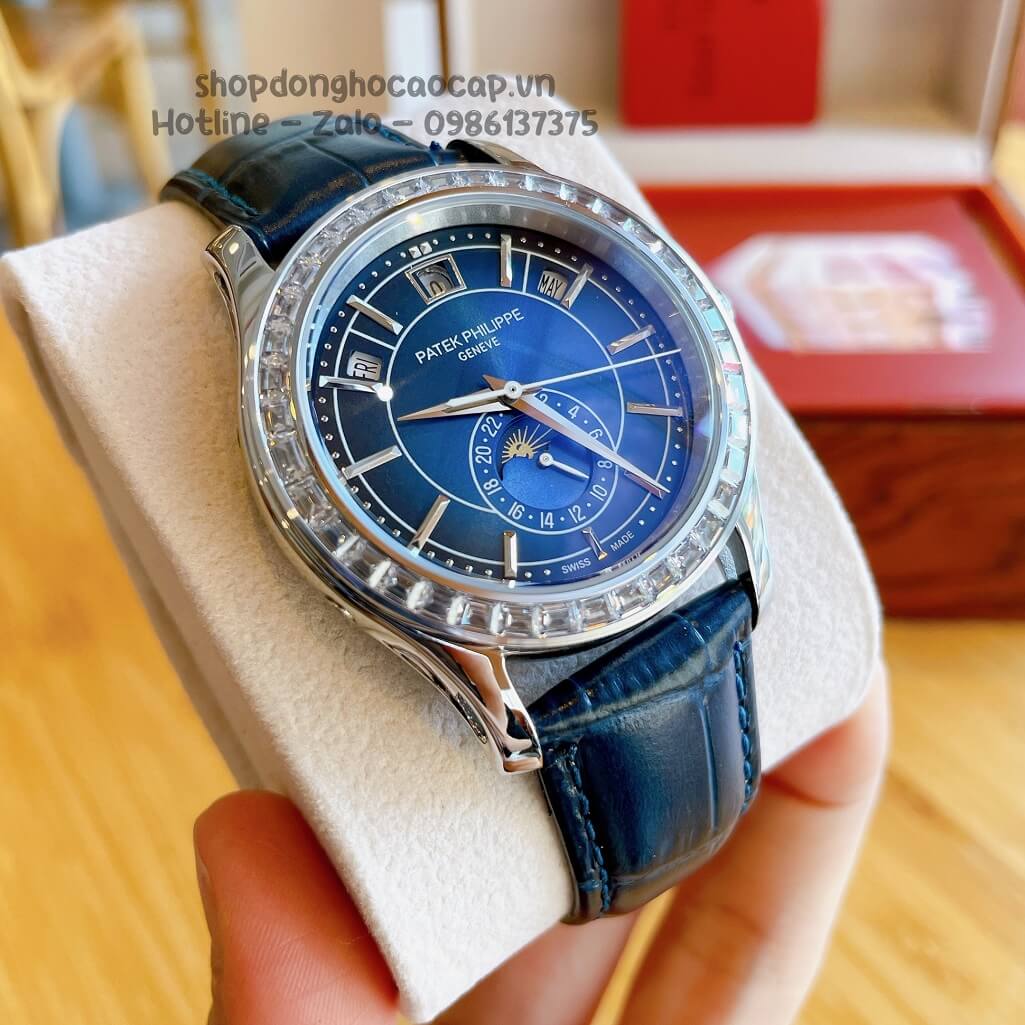 Đồng Hồ Patek Philippe Nam Cơ Tự Động Dây Da Xanh Silver Viền Đá Ống 40mm