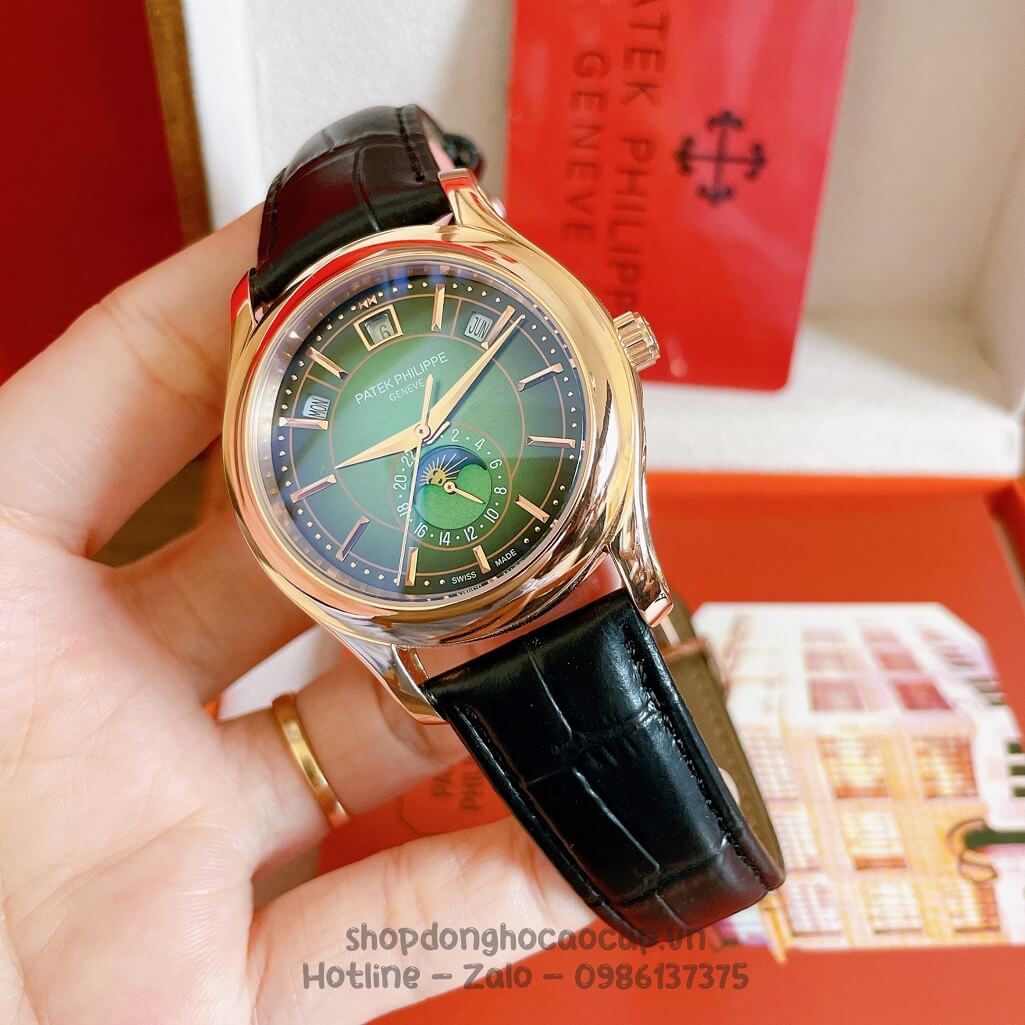 Đồng Hồ Patek Philippe Nam Cơ Tự Động Dây Da Đen Mặt Xanh Vỏ Rose 40mm