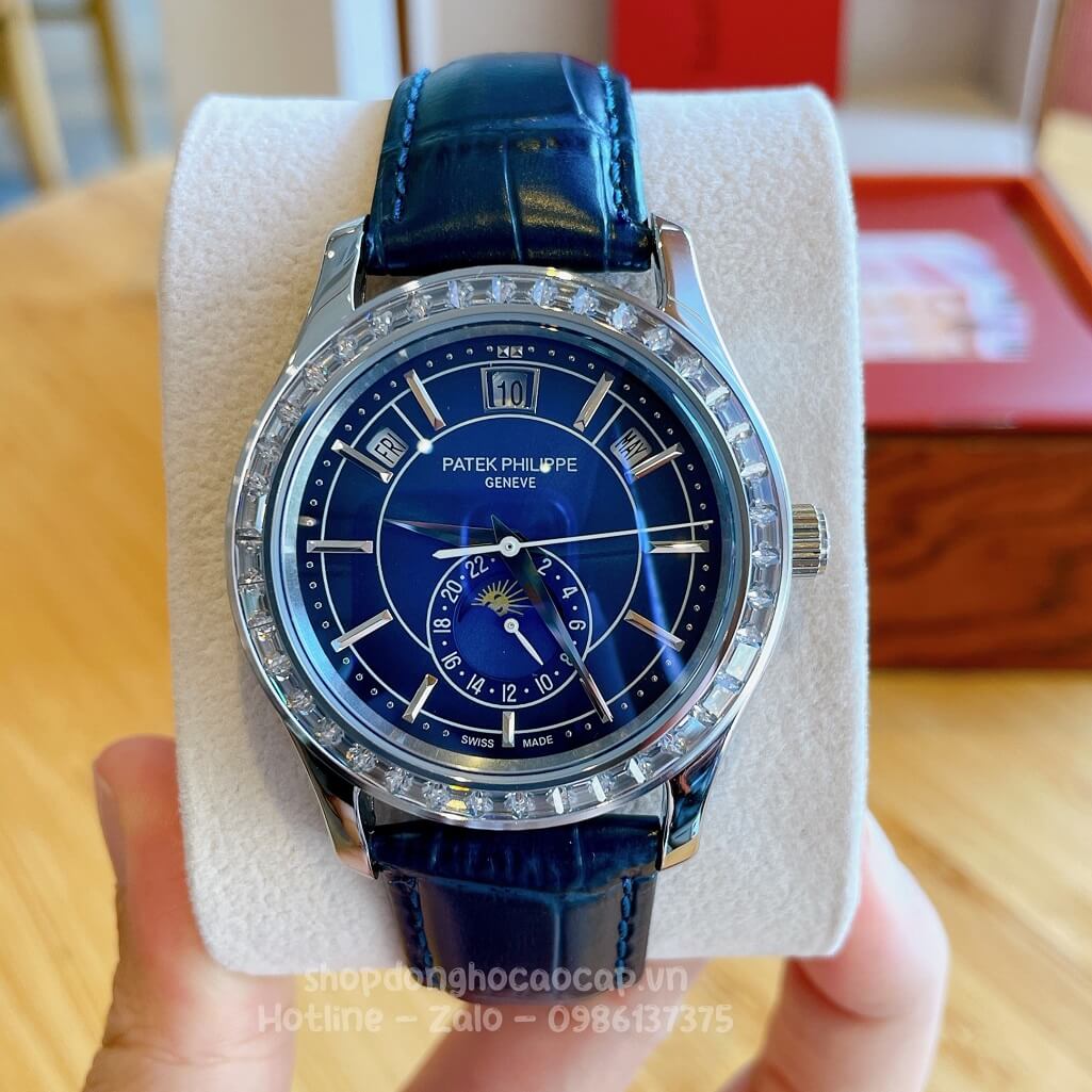 Đồng Hồ Patek Philippe Nam Cơ Tự Động Dây Da Xanh Silver Viền Đá Ống 40mm