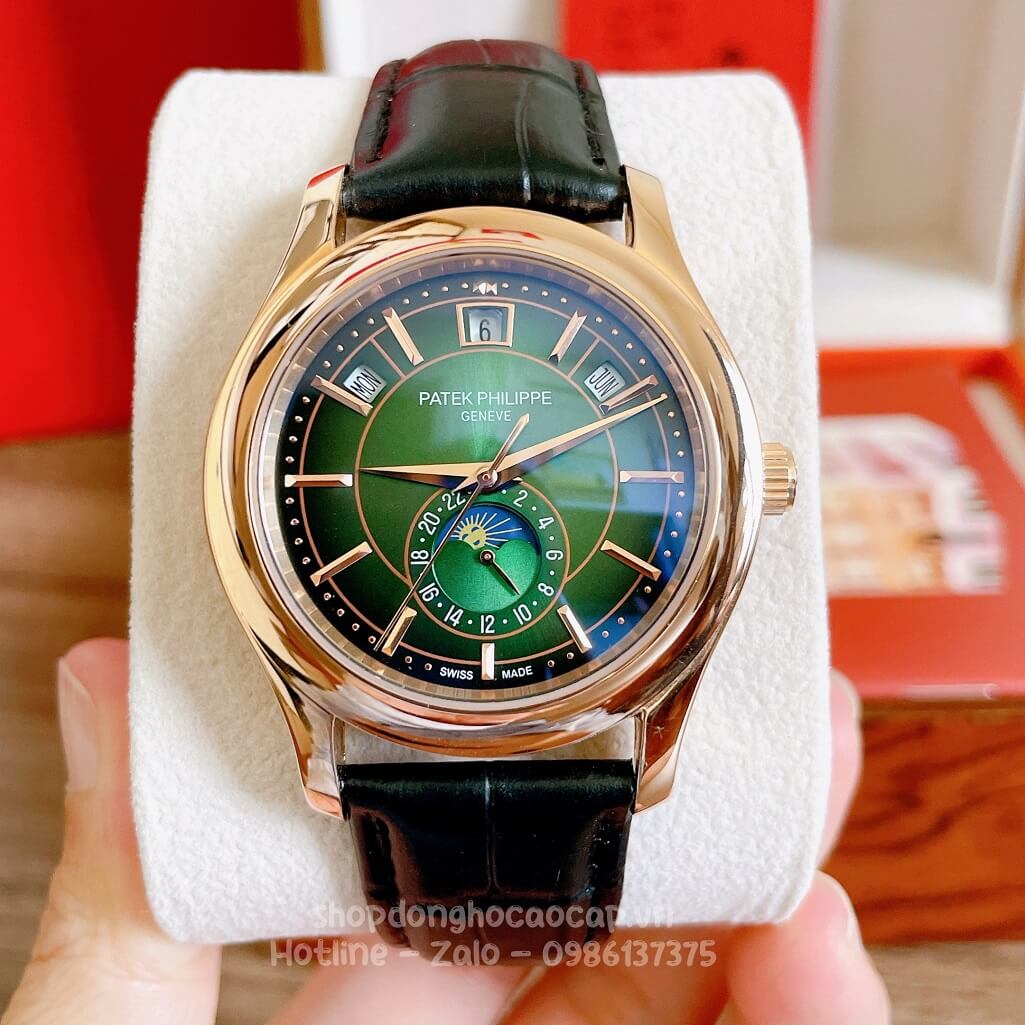Đồng Hồ Patek Philippe Nam Cơ Tự Động Dây Da Đen Mặt Xanh Vỏ Rose 40mm