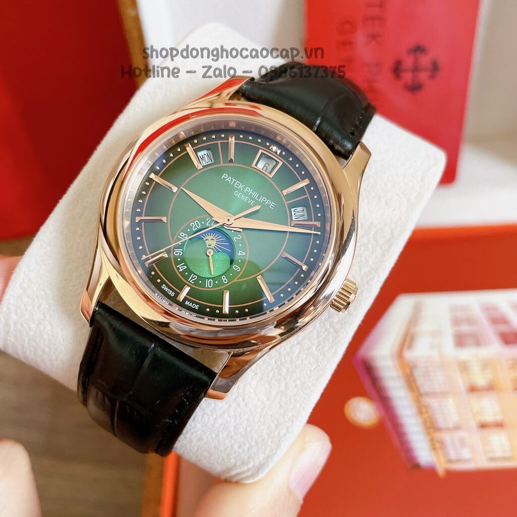 Đồng Hồ Patek Philippe Nam Cơ Tự Động Dây Da Đen Mặt Xanh Vỏ Rose 40mm