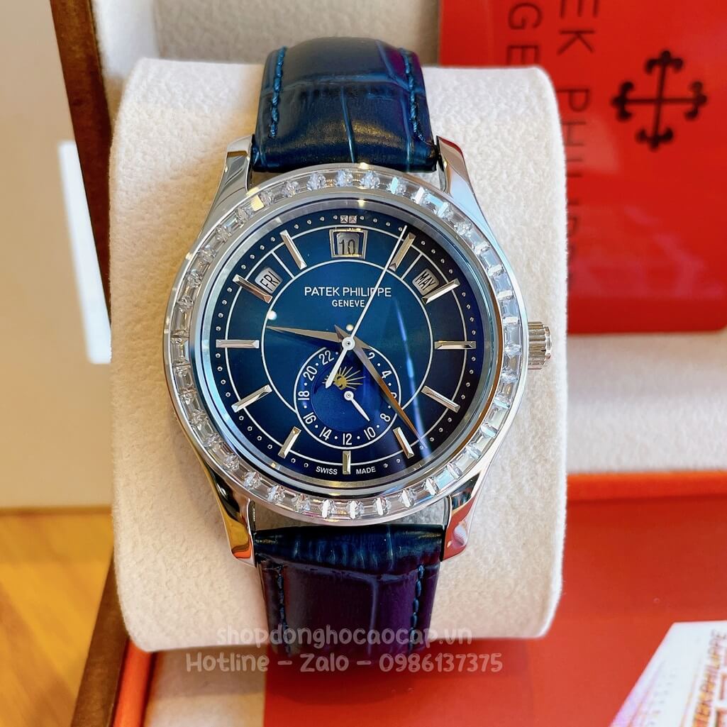 Đồng Hồ Patek Philippe Nam Cơ Tự Động Dây Da Xanh Silver Viền Đá Ống 40mm