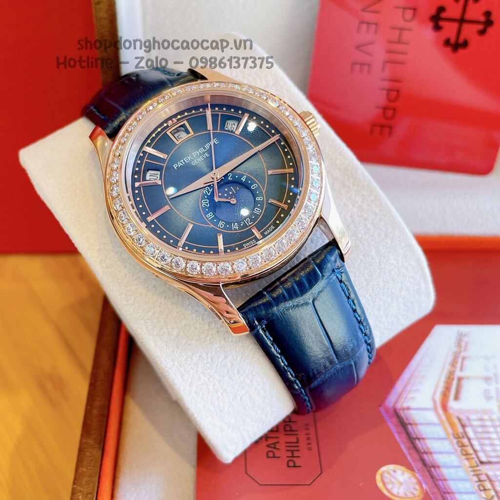 Đồng Hồ Patek Philippe Nam Máy Cơ Tự Động Dây Da Xanh Dương - Vỏ Rose Niềng Đá Mịn 40mm