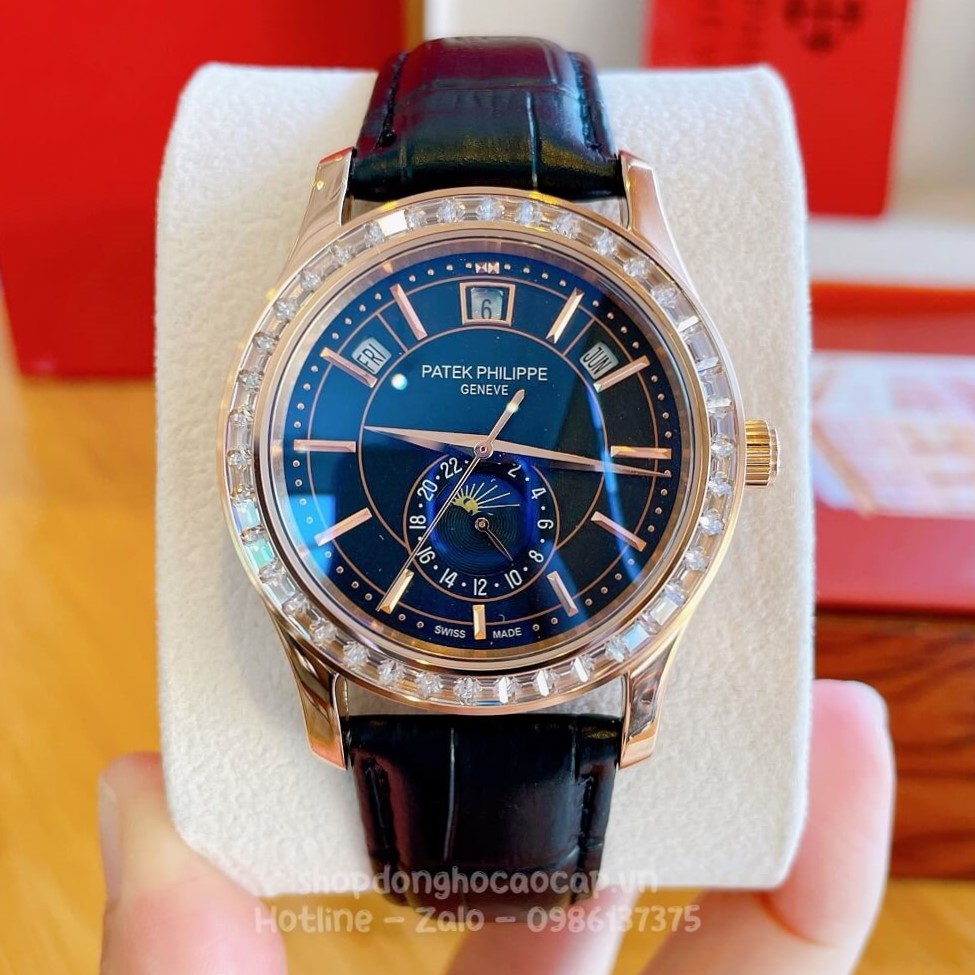 Đồng Hồ Patek Philippe Nam Máy Cơ Tự Động Dây Da Đen Rose Viền Đá Ống 40mm