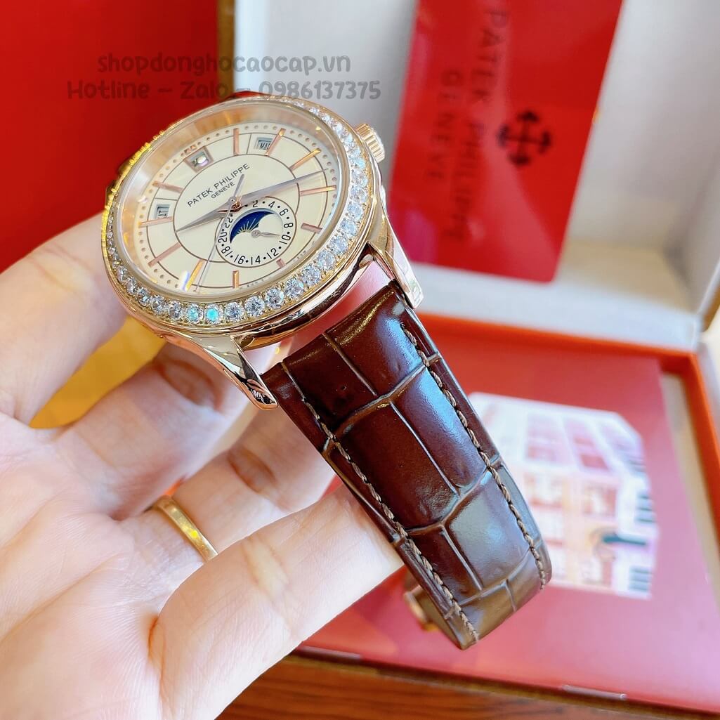 Đồng Hồ Patek Philippe Nam Cơ Tự Động Dây Da Nâu Rose Niềng Đá Mịn 40mm