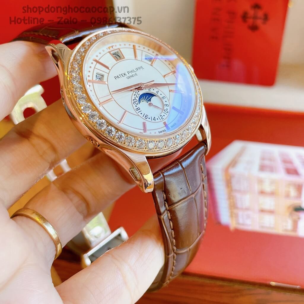 Đồng Hồ Patek Philippe Nam Cơ Tự Động Dây Da Nâu Rose Niềng Đá Mịn 40mm