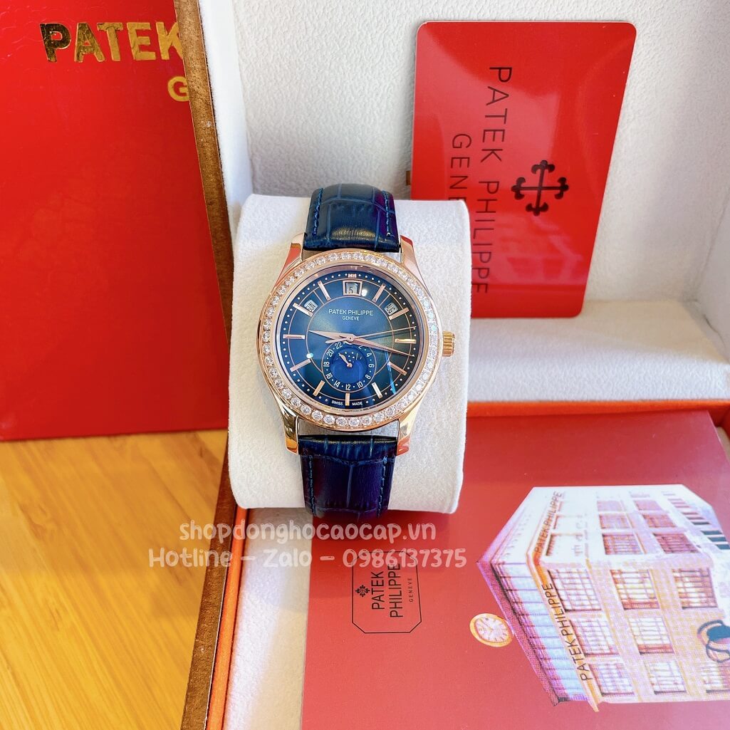 Đồng Hồ Patek Philippe Nam Máy Cơ Tự Động Dây Da Xanh Dương - Vỏ Rose Niềng Đá Mịn 40mm