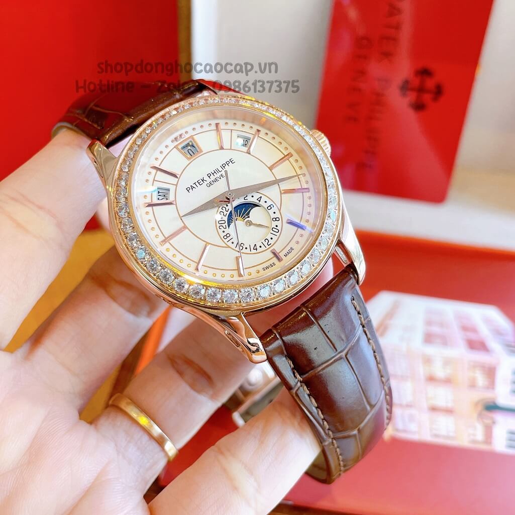 Đồng Hồ Patek Philippe Nam Cơ Tự Động Dây Da Nâu Rose Niềng Đá Mịn 40mm