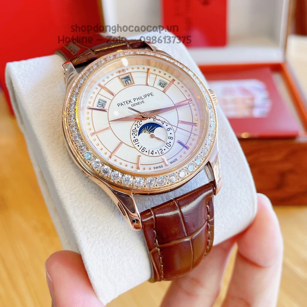 Đồng Hồ Patek Philippe Nam Cơ Tự Động Dây Da Nâu Rose Niềng Đá Mịn 40mm