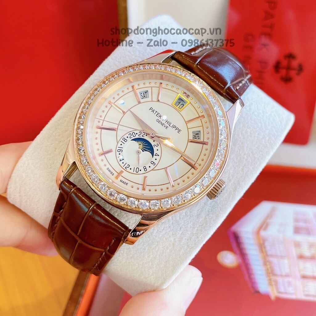 Đồng Hồ Patek Philippe Nam Cơ Tự Động Dây Da Nâu Rose Niềng Đá Mịn 40mm