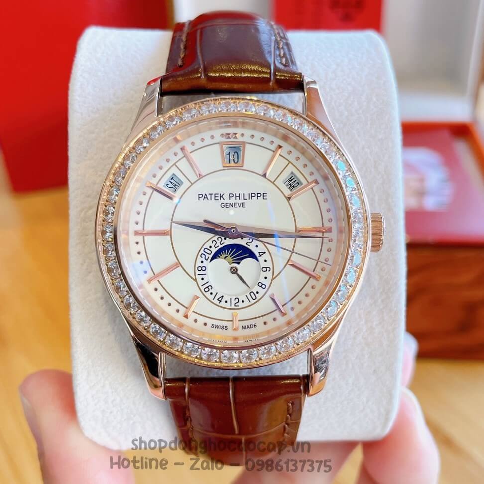 Đồng Hồ Patek Philippe Nam Cơ Tự Động Dây Da Nâu Rose Niềng Đá Mịn 40mm