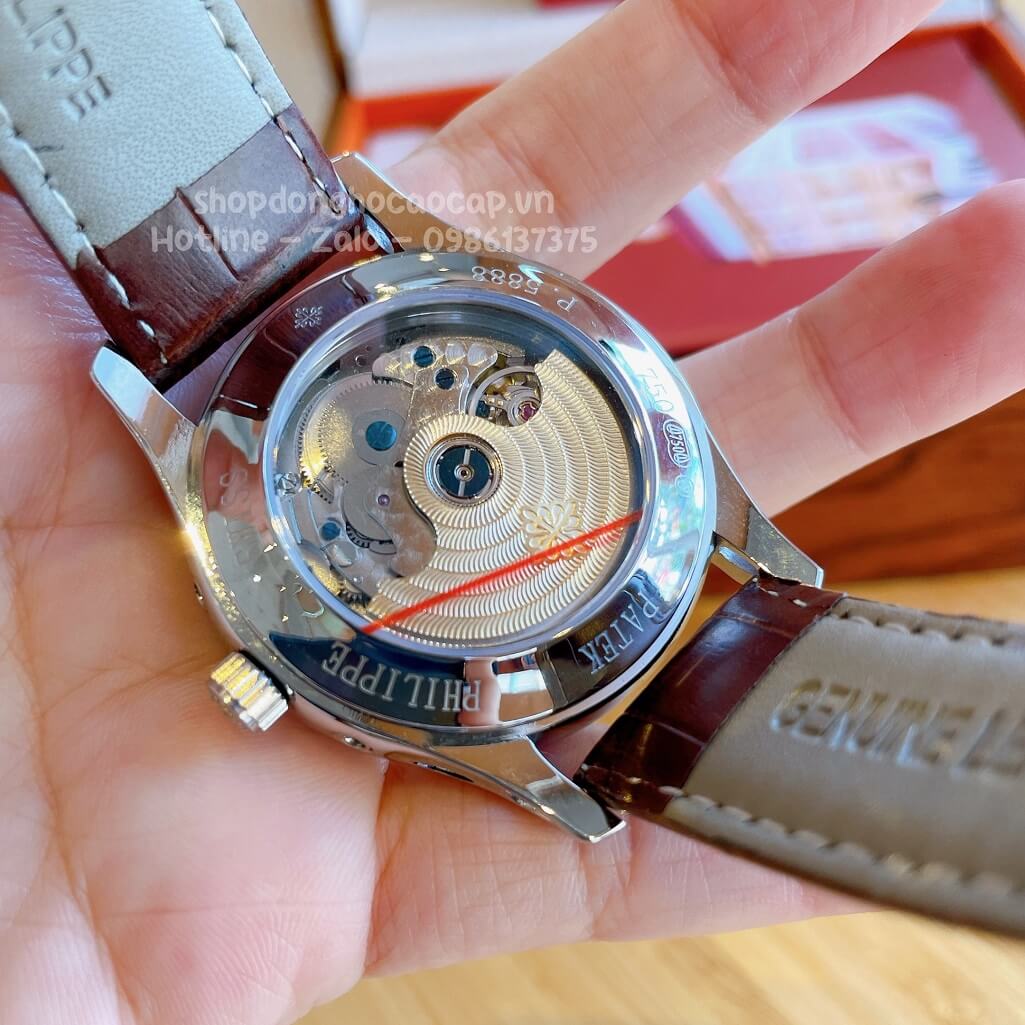 Đồng Hồ Patek Philippe Nam Cơ Tự Động Dây Da Nâu Silver Niềng Đá Ống 40mm