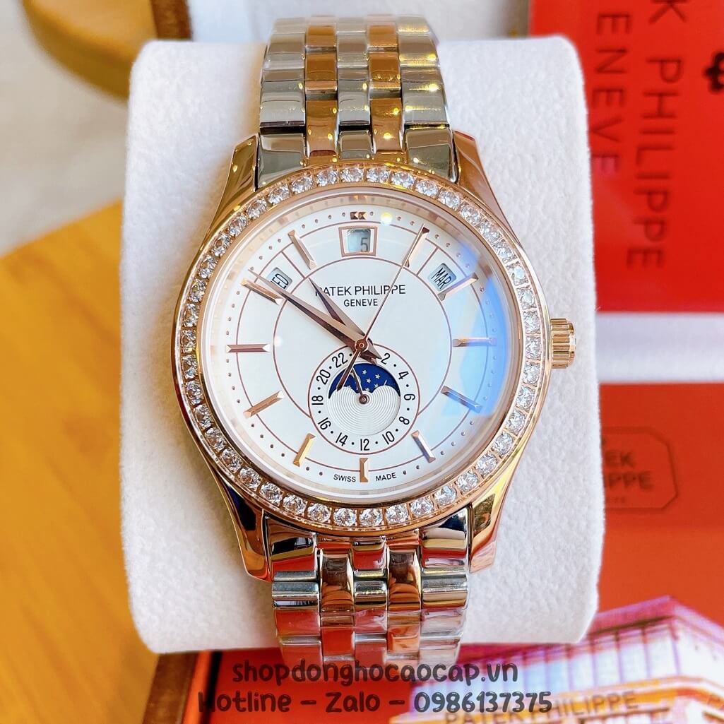 Đồng Hồ Patek Philippe Nam Cơ Tự Động Dây Thép Demi Rose Đính Đá Mịn 40mm