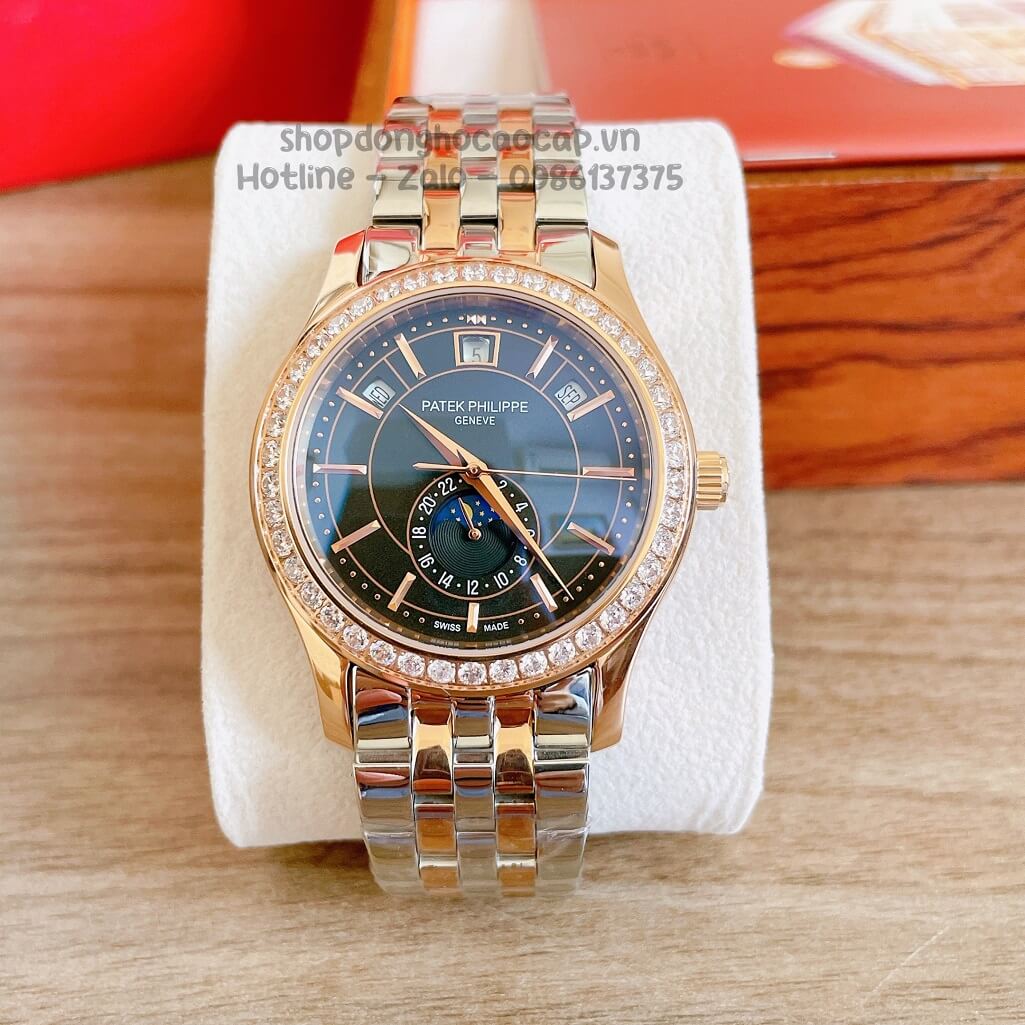 Đồng Hồ Patek Philippe Nam Cơ Tự Động Dây Thép Demi Rose Mặt Đen Đính Đá 40mm